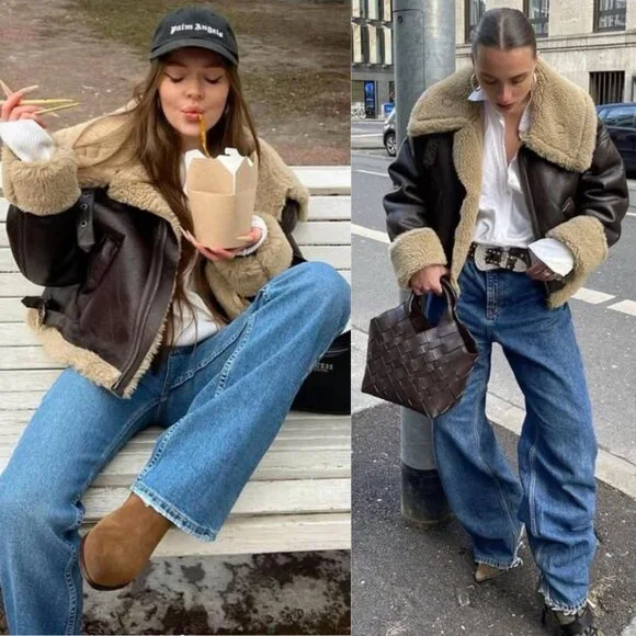 Zara Double Faced Jacket ZW Collection Sherpa Faux Fur Dark Brown Biker Size S - Picture 3 of 16